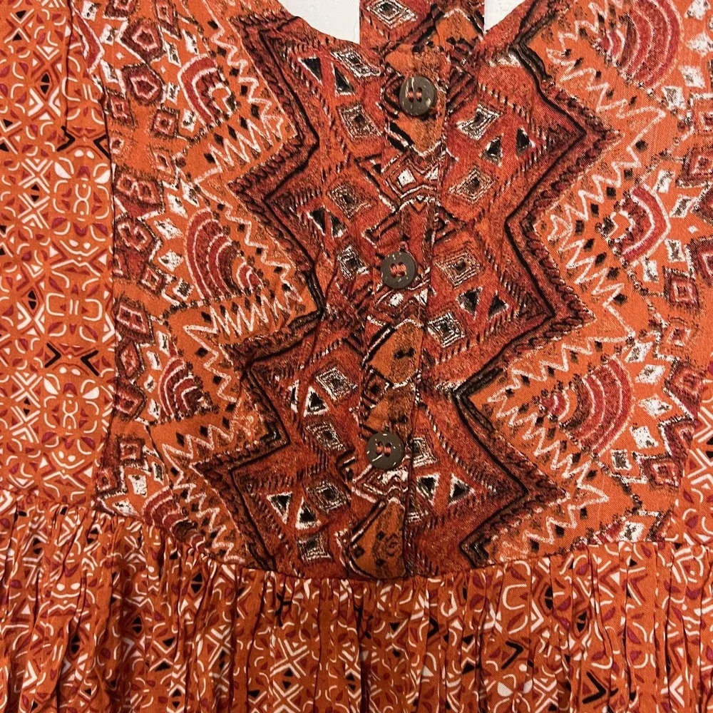 Free People Dress Womens XS Orange Geometric V Neck Button Front Backless Boho - Picture 2 of 7